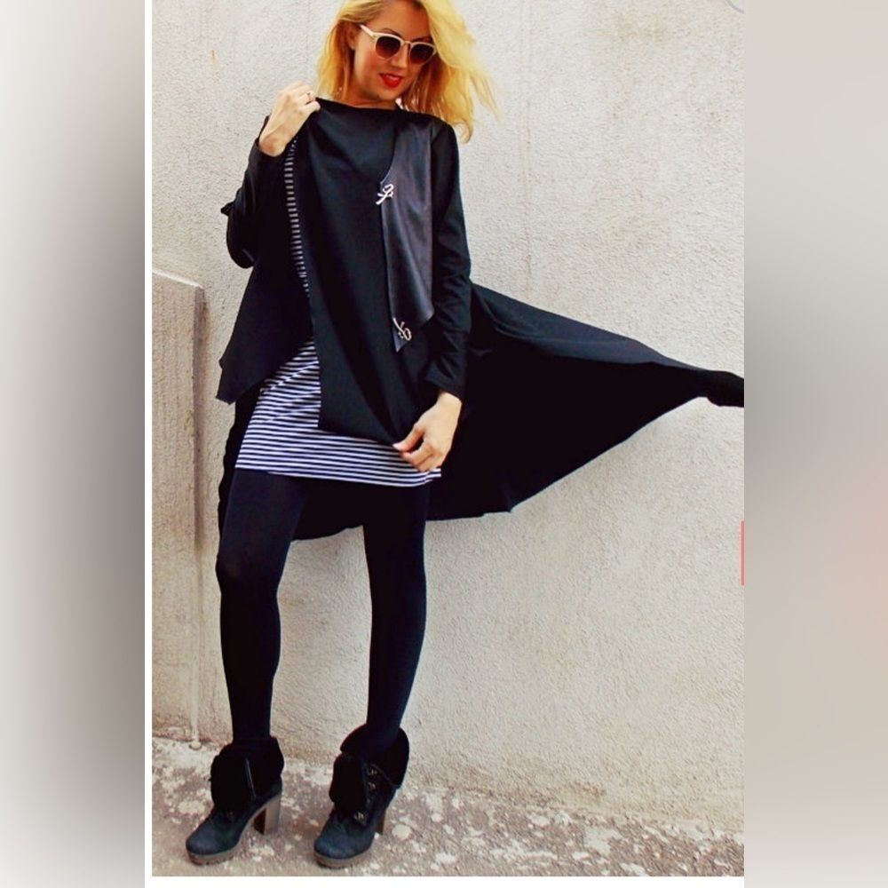 Denim + Company Black Asymmetrical Cardigan, Extravagant Tunic w/ Leather Sz L